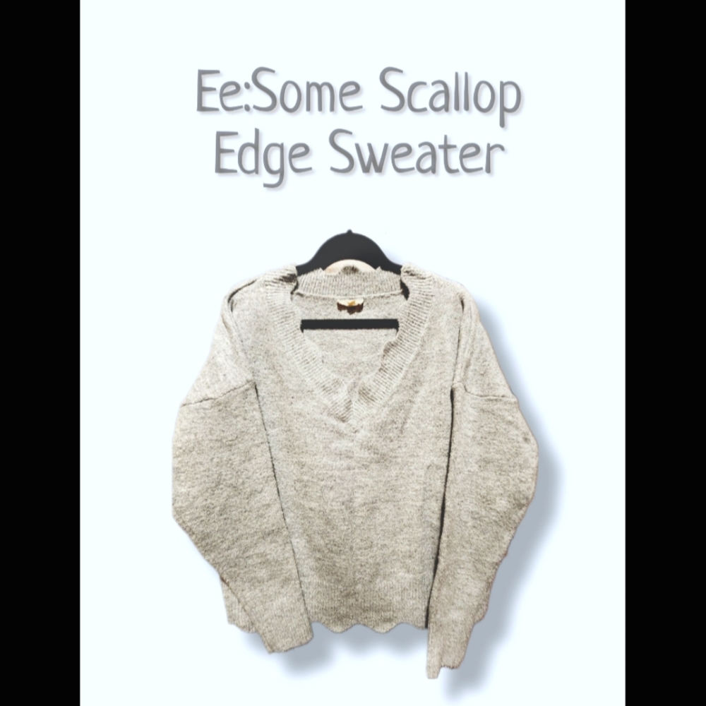 Adorable Gray Scallop Trim Drop Shoulder Sweater M/L